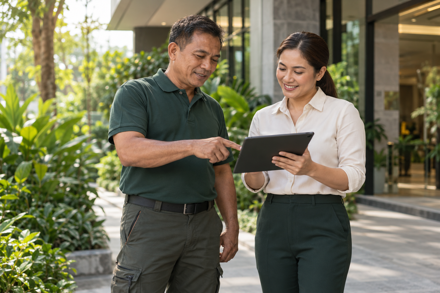 Illustrative pest management professionals reviewing a service visit on a tablet