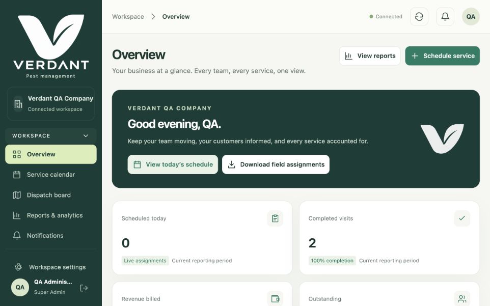 Verdant company overview showing service and reporting tools with demo data
